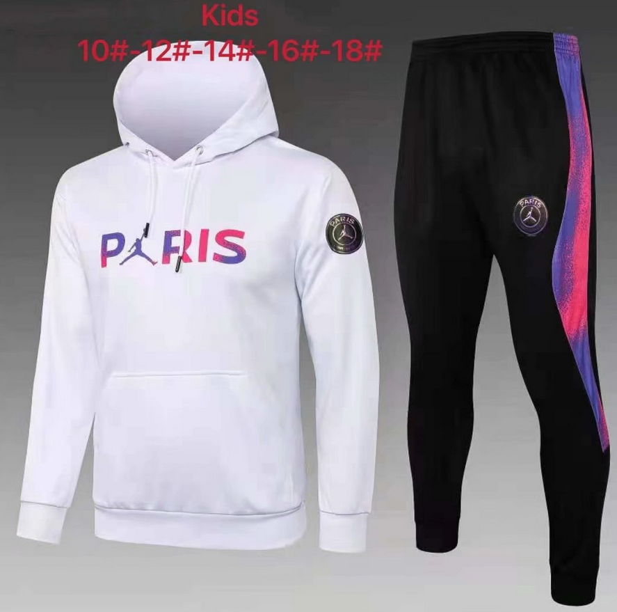 Kids 2021/22 PSG x Jordan White Hoodie Sweater and Pants Youth Training Suits